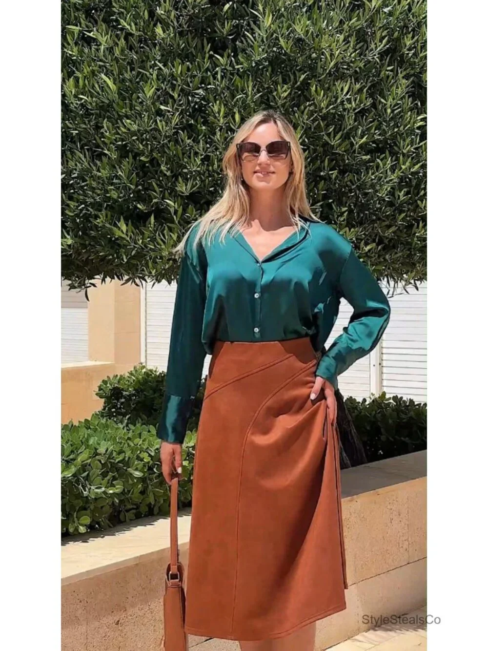 Faux Suede High Waist A-Line Midi Skirt with Elastic Waist and Hidden Zip
